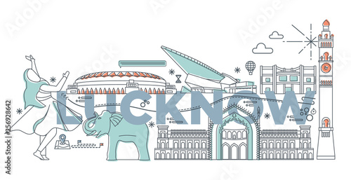 Typography word Lucknow branding technology concept. Collection of flat vector web icons. Asian culture travel set, architectures, specialties detailed silhouette. Doodle Indians famous landmarks.