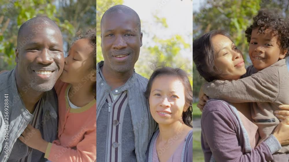 Collage of medium shots of Afro-american children with parents in park, boy kissing Asian mother, girl kissing Afro-american father, parents together looking at camera, smiling. Family concept Collage of medium shots of Afro-american children with parents in park, boy kissing Asian mother, girl kissing Afro-american father, parents together looking at camera, smiling. Family concept