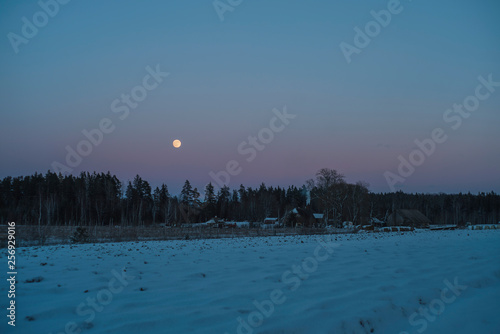 Winter evening landscape with moon