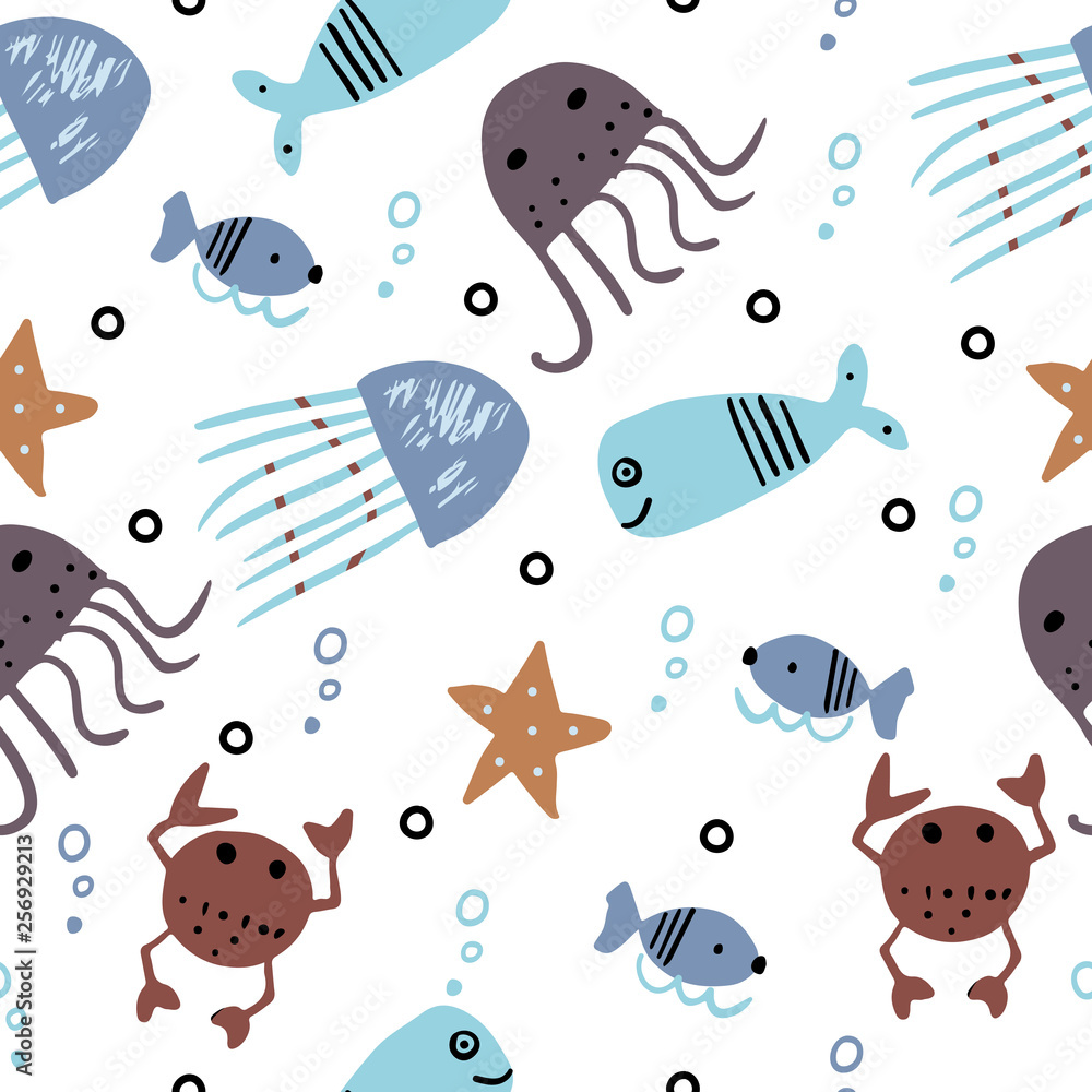 Seamless pattern with sea animals in scandinavian style.