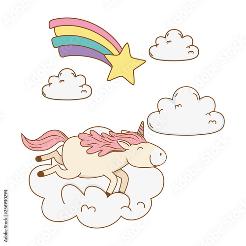 cute fairytale unicorn in clouds with rainbow