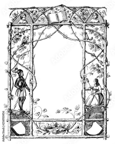 Vintage antique line drawing or engraving of ornate frame with natural theme and with knight and woman. Prague Messenger 1846. Author not defined.