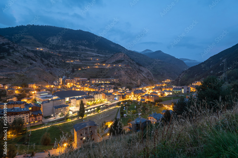 Canillo, Andorra - September 16 2018: Canillo township lights and main street at dusk.