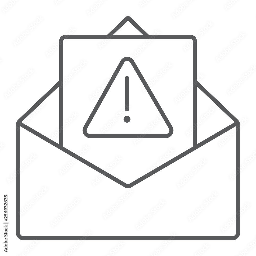 Spam warning thin line icon, letter and email, alert mail sign, vector graphics, a linear pattern on a white background. Spam warning thin line icon, letter and email, alert mail sign, vector graphics, a linear pattern on a white background.