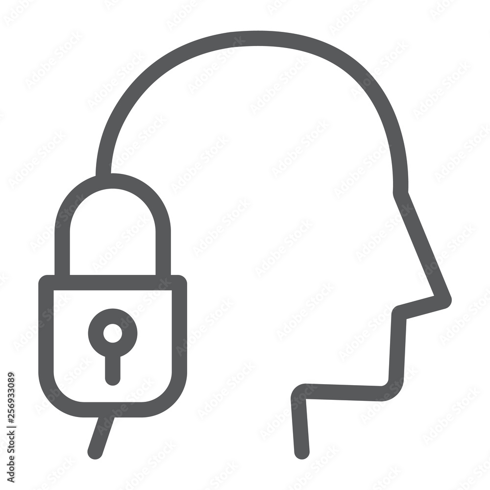Head lock line icon, protection and person, padlock and head sign, vector graphics, a linear pattern on a white background. Head lock line icon, protection and person, padlock and head sign, vector graphics, a linear pattern on a white background.