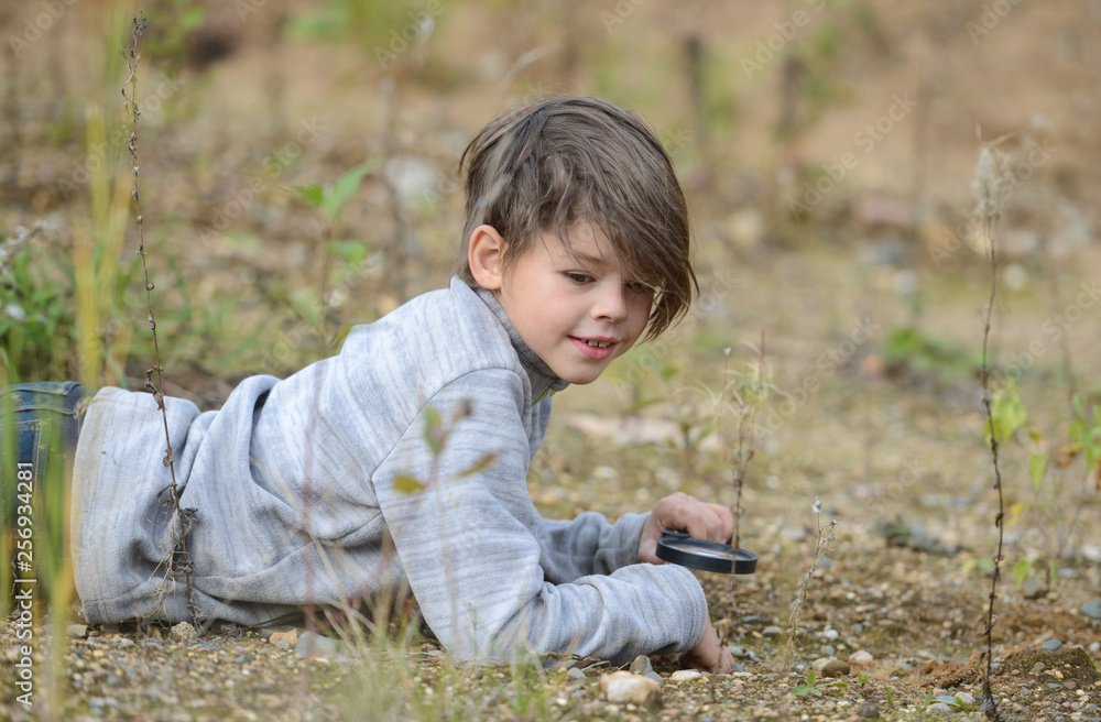 a boy in nature sitting on the ground looking at a magnifying glass plants a boy in nature sitting on the ground looking at a magnifying glass plants