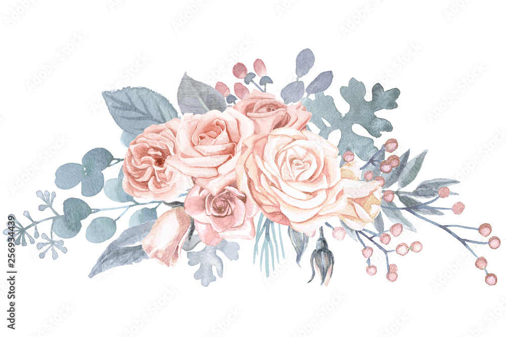 Watercolor Floral Bouquet Blush Pink Roses - obrazy, fototapety, plakaty 
