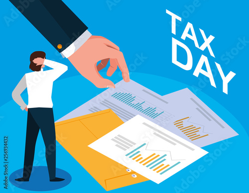 businessman in tax day with statistic document and icons