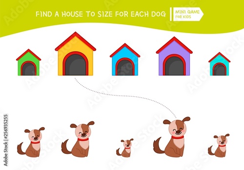 Matching children educational game. Match  of cartoon dogs and doghouse  to size . Activity for pre school years kids and toddlers.