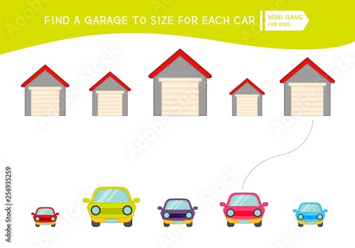 Matching children educational game. Match  of cartoon garages and cars  to size . Activity for pre school years kids and toddlers.