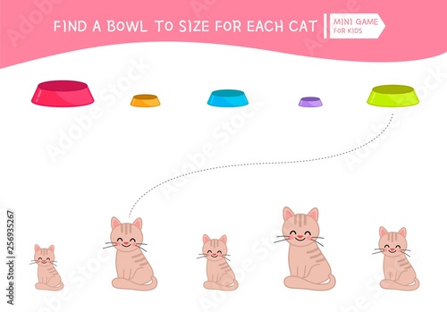 Matching children educational game. Match  of cartoon cats and bowls  to size . Activity for pre school years kids and toddlers.
