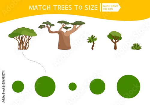 Matching children educational game. Match  of cartoon trees to size . Activity for pre school years kids and toddlers.