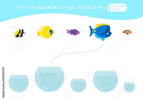 Matching children educational game. Match  of cartoon fish to size . Activity for pre school years kids and toddlers.
