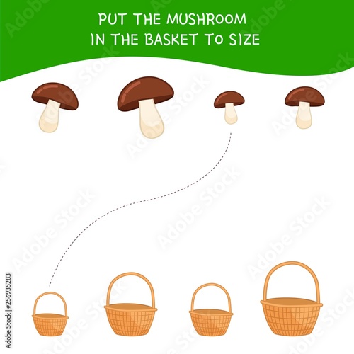 Matching children educational game. Match  of cartoon mushrooms and baskets to size . Activity for pre school years kids and toddlers.