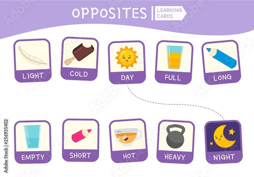 Matching children educational game. Match of opposites. Activity for pre sсhool years kids and toddlers.