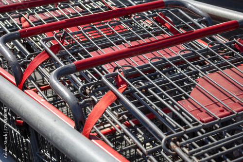 A closeup of several shopping carts together inside a corral