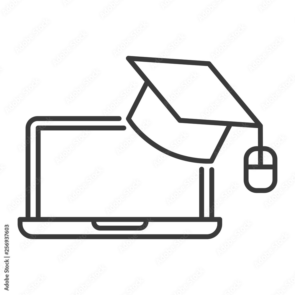 Online education concept, computer and graduate cap with computer mouse icon outline Online education concept, computer and graduate cap with computer mouse icon outline