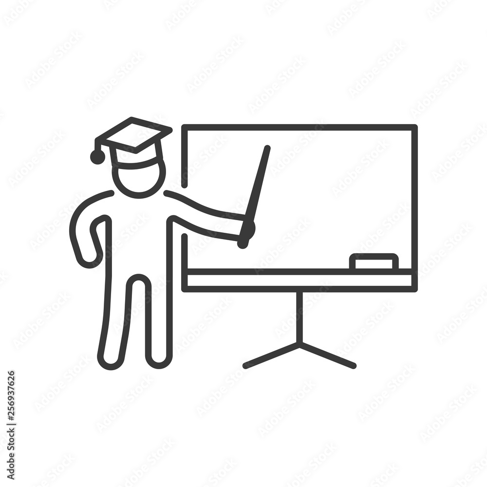 Person in graduate cap stand about chalk board with pointer icon line