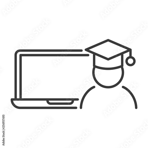 Icon computer with student in graduate cap. Concept online learning