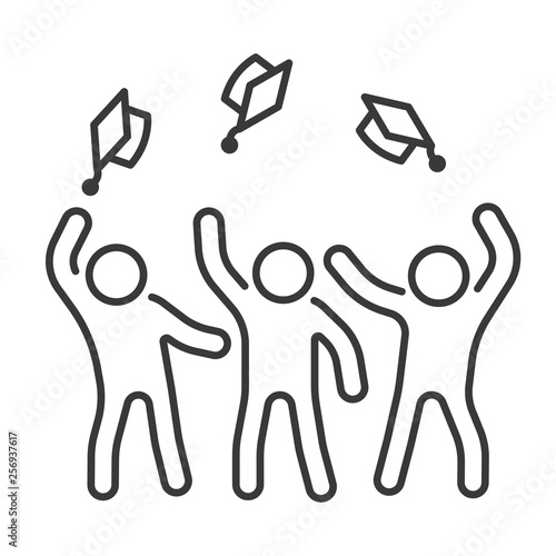 Students team throw graduate caps and celebration graduate icon outline vector