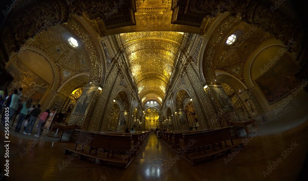 Obraz premium The Church of the Society of Jesus (Compañía de Jesús) is a Jesuit church in baroque style, profusely decorated with gold leaf, gilded plaster and wood carvings, Quito, Ecuador.