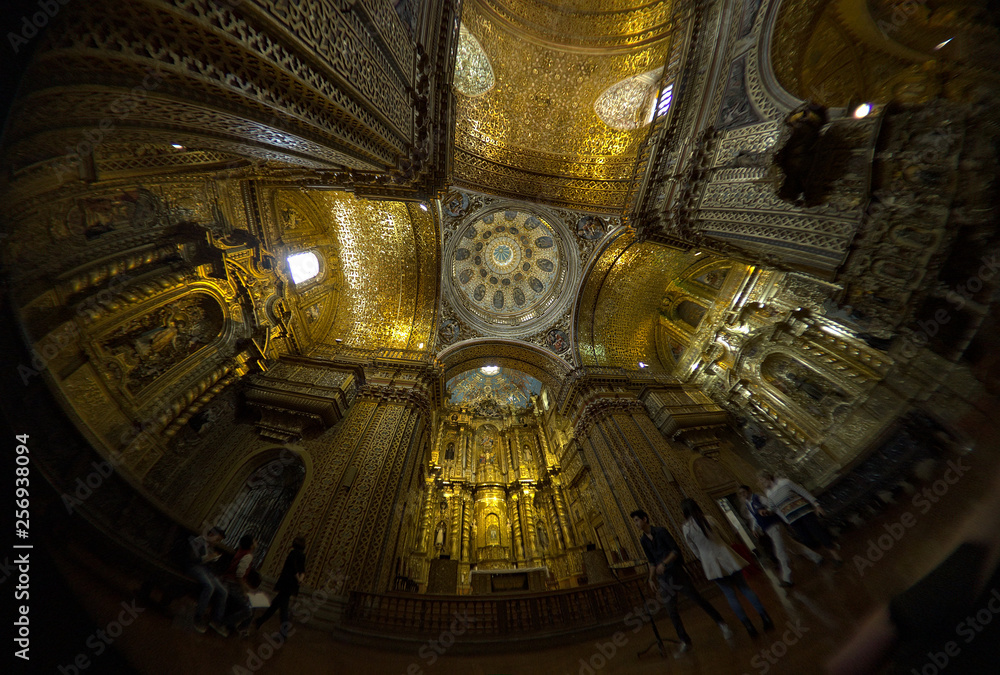 The Church of the Society of Jesus (Compañía de Jesús) is a Jesuit church in baroque style,  profusely decorated with gold leaf, gilded plaster and wood carvings, Quito, Ecuador.