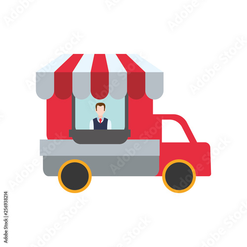 salesman in car with parasol