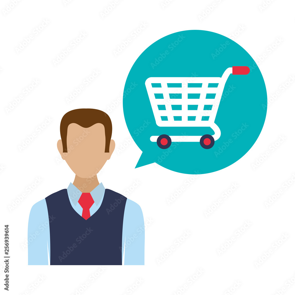 salesman thinking in shopping cart salesman thinking in shopping cart