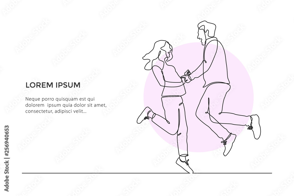 Fototapeta premium Continuous line drawing of Couple Girl and boy jumping. man and woman holding hand each other. vector illustration - Vector