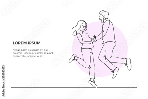 Continuous line drawing of Couple Girl and boy jumping. man and woman holding hand each other. vector illustration - Vector