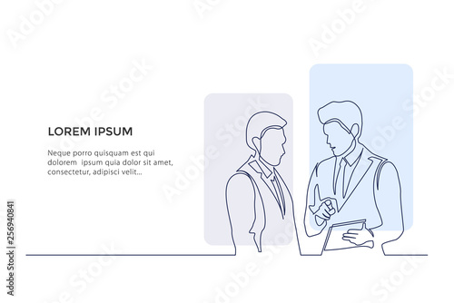 Continuous Line Drawing. Businessman Having Informal Meeting In Office. Drawing by hand on a white and blue background. Design illustration - Vector