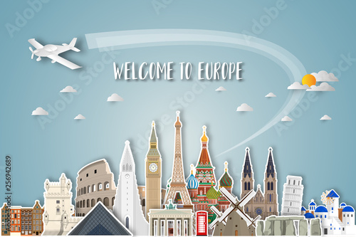 Europe famous Landmark paper art. Global Travel And Journey Infographic. Vector Flat Design Template.vector/illustration.Can be used for your banner, business, education, website or any artwork.