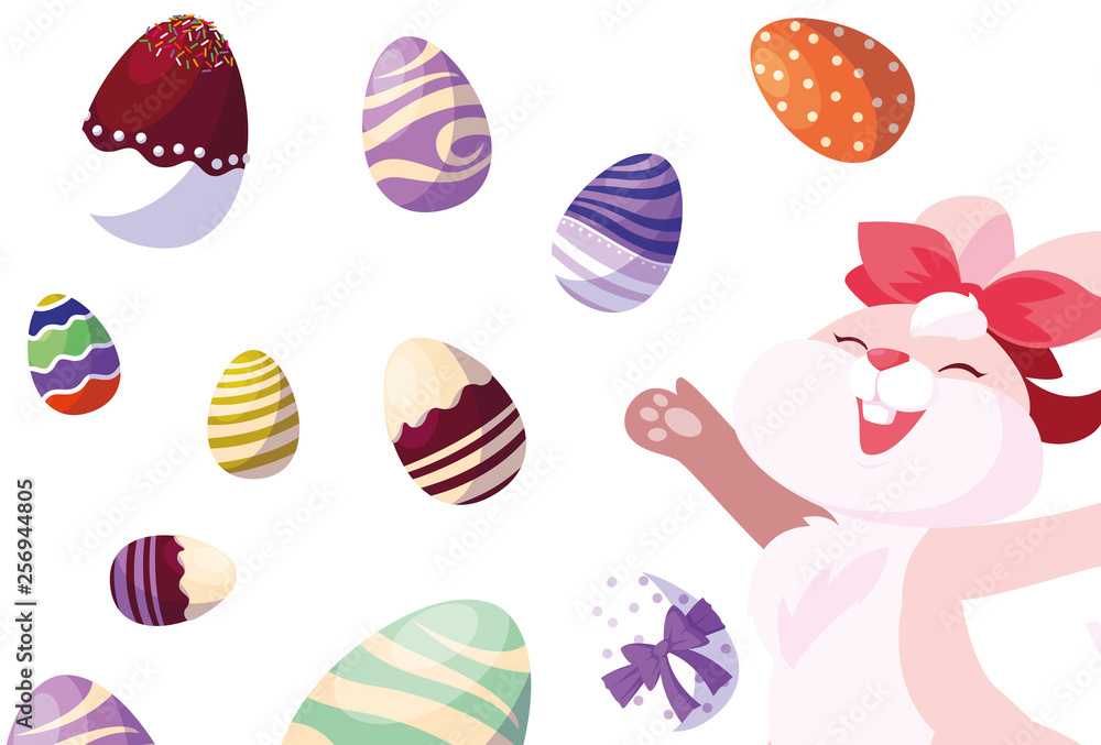 happy easter eggs painted with rabbit