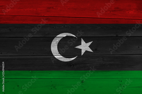 libya flag painted on old wood plank
