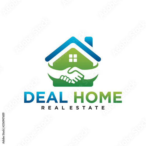 deal home logo design template element with handshake illustration