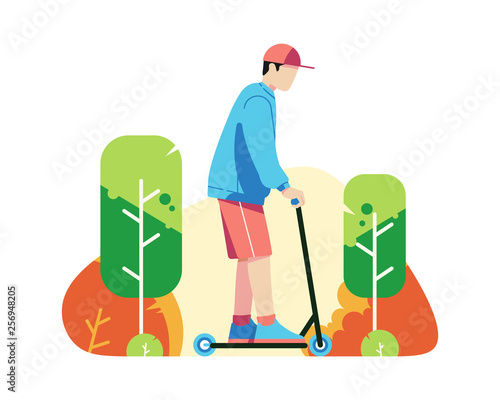 Man riding a kick scooter on the street vector illustration