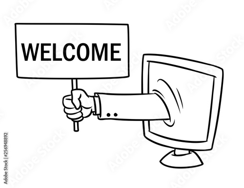 Computer website welcome hand sign cartoon illustration isolated image