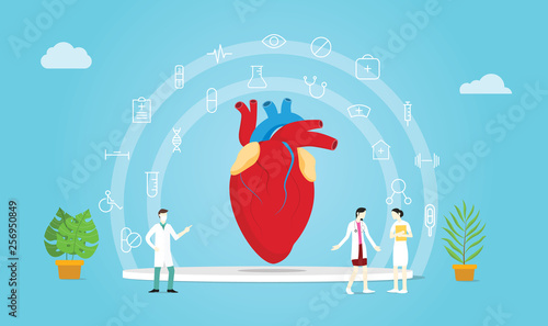 human heart health team doctor and nurse treatment with medical icon spread - vector illustration