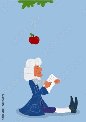 Scientist Newton apple gravity cartoon illustration isolated image minimalism character 