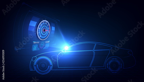Hologram in HUD UI style. Futuristic car service, scanning and auto data analysis,Virtual Graphical Interface . Vector  illusatration