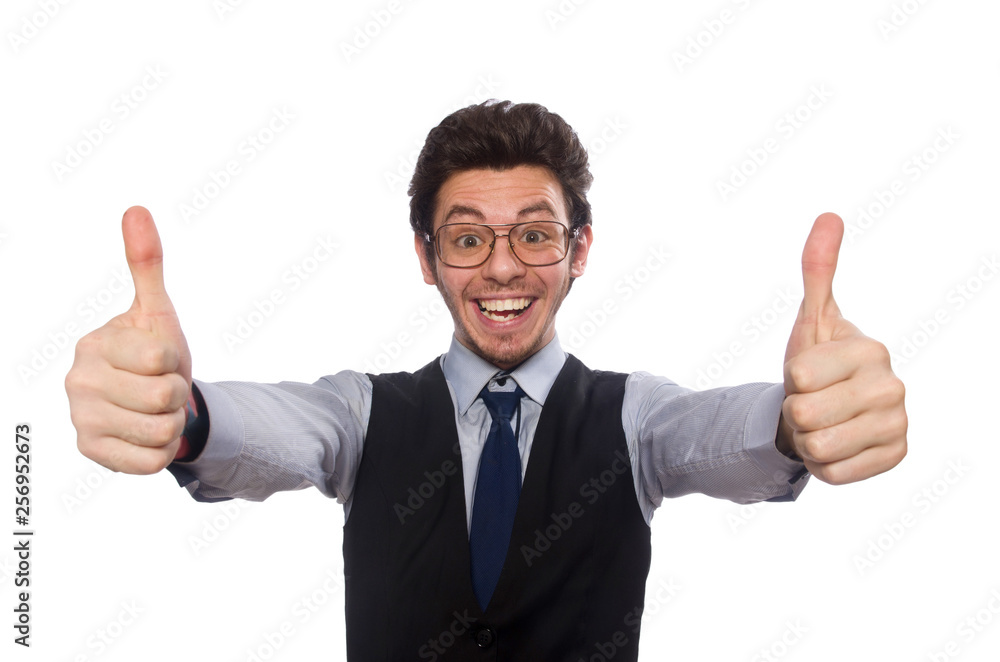 Young businessman in funny concept on white Young businessman in funny concept on white