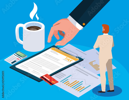 businessman in tax day with clipboard and icons