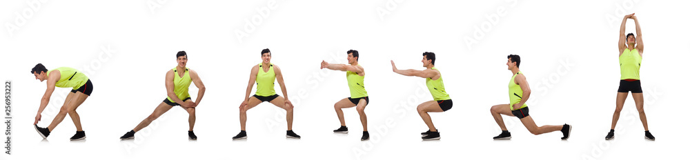 Young man exercising on white