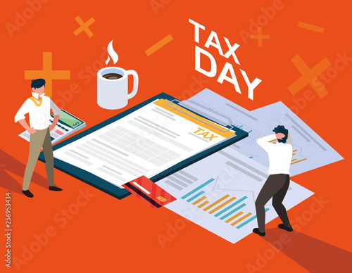 businessmen in tax day with clipboard and icons