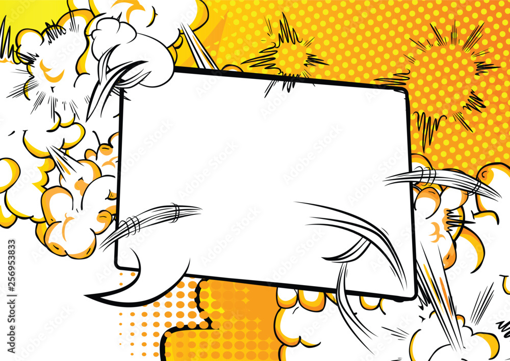 Naklejka premium Vector illustrated retro comic book background with big blank speech bubble, pop art vintage style backdrop.
