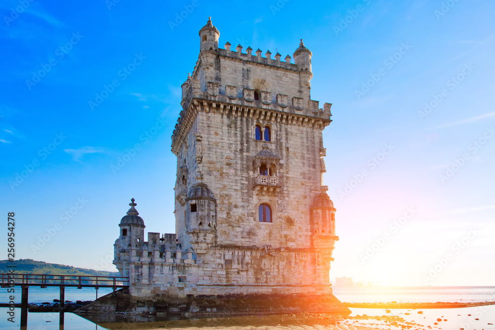 Lisbon, Belem Tower at sunset on the bank of the Tagus River Lisbon, Belem Tower at sunset on the bank of the Tagus River