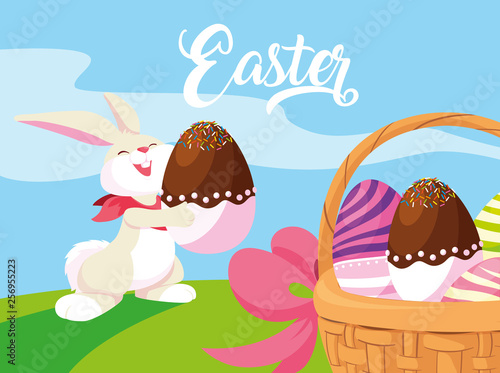 rabbit and eggs of easter decorated with candy