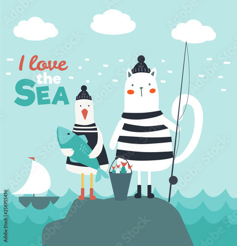 Funny cat with seagull fishing