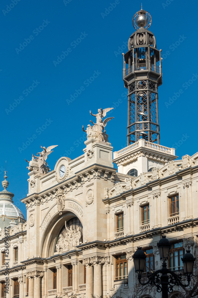 VALENCIA, SPAIN - FEBRUARY 24 : Historical Post Office building in the Town Hall Square of Valencia Spain on February 24, 2019