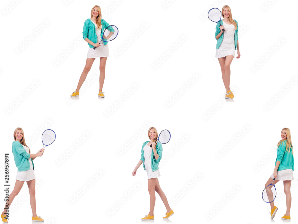 Young beautiful lady playing tennis isolated on white